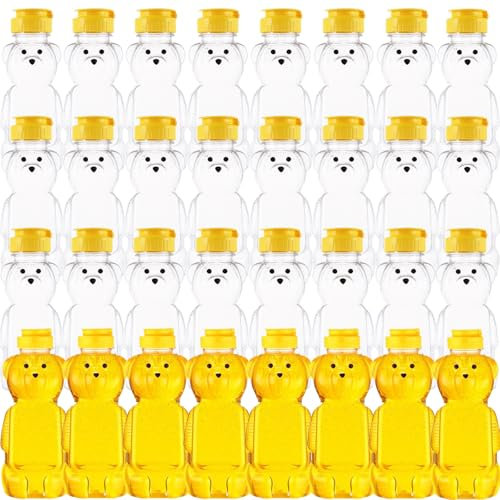 ZILAMGOO Lot de 32 bouteilles de miel en plastique avec couvercle à rabat jaune en forme d'ours - 236,8 g - Vide pour stockage et distribution
