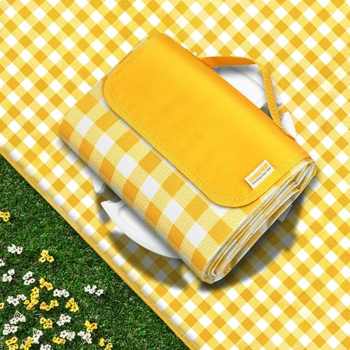 SAMSIER Picknickdecke für den Außenbereich, wasserdicht, faltbar, sanddicht, extra groß, Gingham-Muster, niedlich, waschbar, tragbar, für Park, Strand, Camping, Innenhof (Gelb, 203,3 x 203,2 cm)