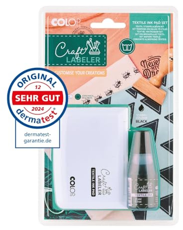 Craft Labeler Textilstempelkissen Set inkl. 25ml Textilfarbe | Waschmaschinenfeste Stempelfarbe bis 90°C | für Kleidung & Stoffe | Ideales Nachfüll-Set & Zubehör für Holzstempel
