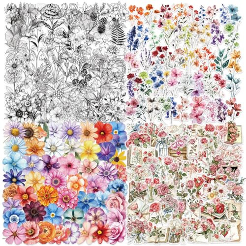 200 Stück Vintage Flower Scrapbooking Sticker Set, Retro Journaling Supplies, natürliche Blumen und Pflanzen Transparente Sticker zum Schreiben, Zeichnen, Album, Travel Journal