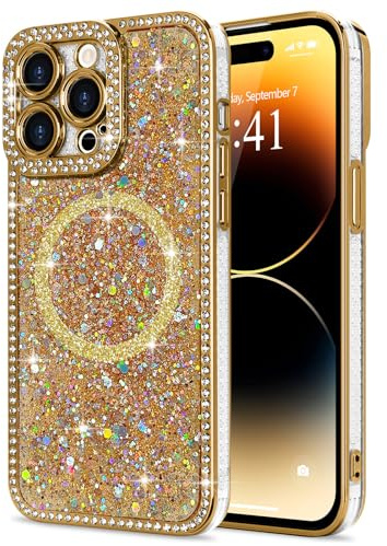 Lafunda Magnetic for iPhone 14 Pro Case Glitter Bling Luxury, Gold | Sparkly Rhinestone Diamonds Case, Compatible with MagSafe, for Women Girls Soft TPU Slim Shockproof Protective Phone Cover