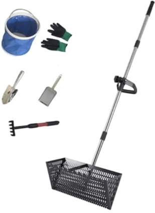 Rastrello per Pulci di Sabbia Rastrello for sabbia, setaccio da spiaggia, manico telescopico, facile pulire, acciaio al carbonio, multifunzionale, comodo, grande, paletta for animali domestici(Black)