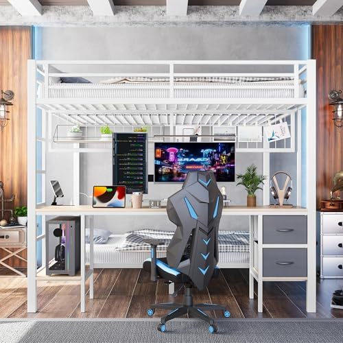 Hochbett, 90*200 und 140*200, Eisenrahmen, Schubladen, Ablagen für Gegenstände, Gitter zum Aufhängen von Gegenständen, Schreibtisch, Mit 7-farbiger LED-Leiste, USB-Anschluss, ohne Matratze (Weiß)