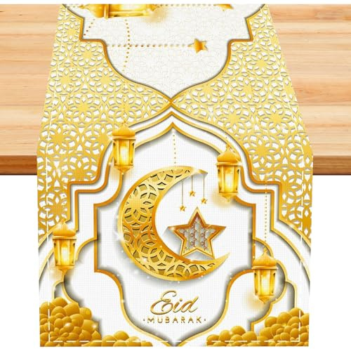 Ramadan Deko Tischdecke, 180 x 40cm Umrah Mubarak Deko Tischläufer Tischdekorationen, Laternen und Mond Design Tischdecke für Ramadan Muslim Eid Umrah Mubarak Party Islamische Festival Dekorations