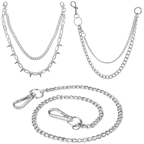 ALONK 3 Stück Hosenkette, Hiphop Punk Schlüsselkette mit Karabiner, Metall Wallet Chain für Herren und Damen, Biker und Persönlichen Stil (silber)