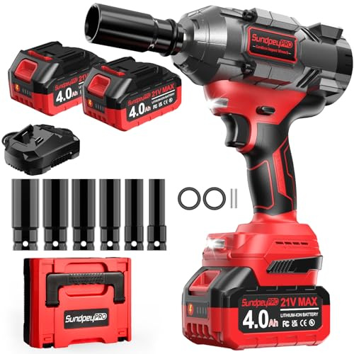 SundpeyPRO Avvitatore a Impulsi Brushless 1500Nm, 21V Avvitatore ad Impulsi 2800 RPM con 2 Batterie 4.0Ah, Avvitatore a Percussione con 6 Bussole e Caricabatterie Rapido per Auto e Officina