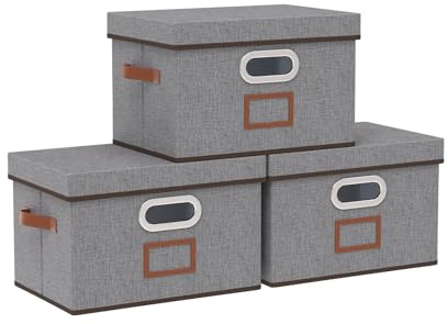 OUTBROS 3 Set Aufbewahrungsbox mit Deckel, 26×20×17cm Ordnungsboxn Grau | Faltbare Aufbewahrungskorb, Stoffbox mit Griff, Schrank Organizer Kleiderschrank, für Kleidung