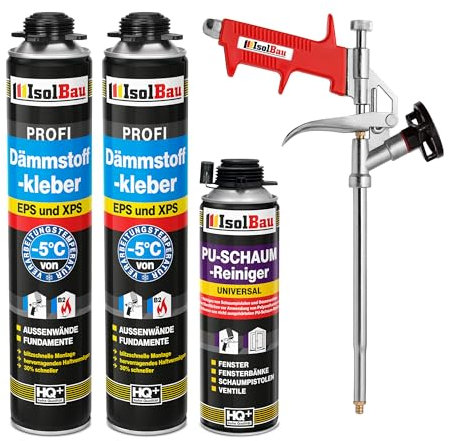 Isolbau Lot de 2 tubes de colle isolante B2 - 750 ml de colle périmétrique, 1 nettoyant en mousse polyuréthane et 1 pistolet à mousse pour plaques EPS et XPS - Mousse adhésive en polyuréthane 1K pour
