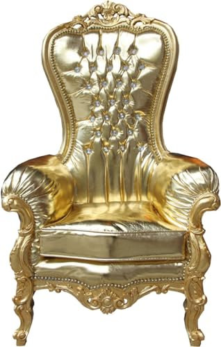 Casa Padrino Barock Damen Thron Sessel Majestic Medium Gold/Gold Lederoptik mit Bling Bling Glitzersteinen - Riesensessel - Thron Stuhl Tron