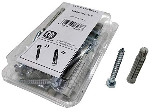 Set con 25 viti e 25 tasselli - Viti 7x65 mm, per muro pieno, mattone forato, cartongesso, con tassello ad espansione - il fissaggio universale è adatto per installazioni passanti e non passanti