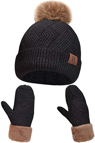 Maylisacc Bommelmütze Fäustlinge Damen Winter, Thermo Fausthandschuhe Frauen Handschuhe und Mütze mit Bommel Winterset Damen Schwarz