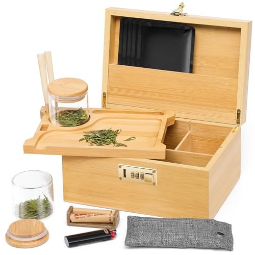 OZCHIN Large Bamboo Box with Combination Lock Decorative box for Home Great Gift Choice Stash Storage Lockbox with Storage Jar, Tray, Resealable Bags and More(Nature, M)