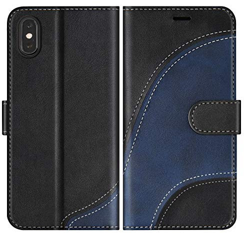 BoxTii Hülle für iPhone X/iPhone XS, Leder Handyhülle für iPhone X/iPhone XS, Ledertasche Klapphülle Schutzhülle mit Kartenfächer und Magnetverschluss, Schwarz