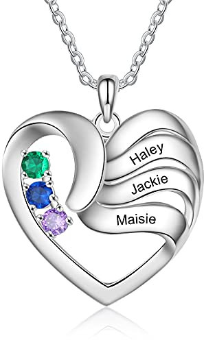 ALBERTBAND Personalisierte Mutter Name Herz Halskette 2/3/4/5 Simulierte Birthstones 925 Sterling Silber Mutter Kind Halskette für Ehefrau Mutter (3 Steine)