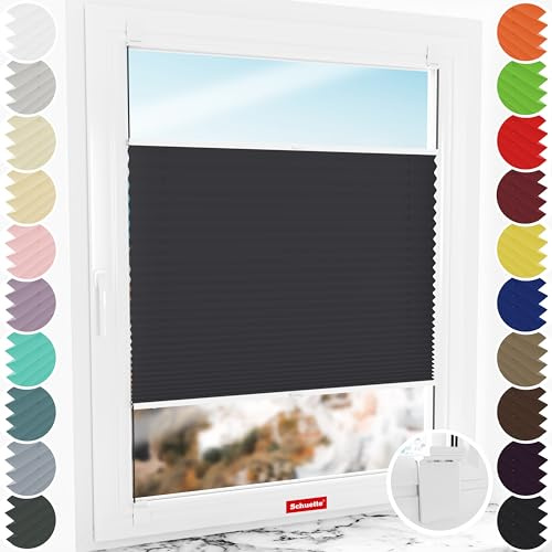 Schuette® Plissee ohne Bohren zum Kleben ● Premium Kollektion: Silesian Coal (Schwarz) ● 125x150cm (Breite x Höhe) ● Suprafix Klebe- & Schraubhalter 2in1 Set Letsbond ● Bequeme Rollo