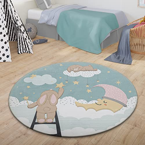 TT Home Teppich Kinder Kinderzimmerteppich Junge Mädchen Kinderteppich Babymatte Wolken, Farbe: Türkis Weiß Gelb, Größe:80 cm Rund