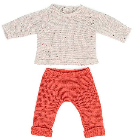 Strick-Kleiderset für Miniland Dolls, aus recyceltem Material, für 38cm Puppen. Modell: Pullover und Hose, weiß und korallfarben