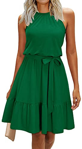 Newshows Sommerkleid Damen Knielang Elegant Kleid Neckholder Sommer Ärmellos Freizeitkleider mit Taschen(Green03, XL)