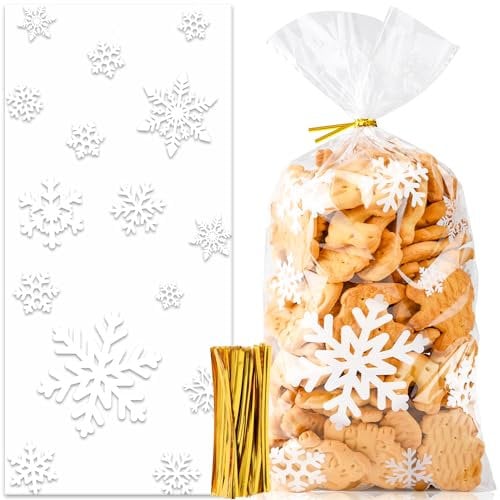 Uuams Plätzchentüten, 100 Stück Kekstüten Weihnachten, Schneeflocke Geschenktüten, Süßigkeiten, Weihnachtstüten zum Befüllen, Cellophantüten Mit Twist Krawatten Weiß, Klar, Gold