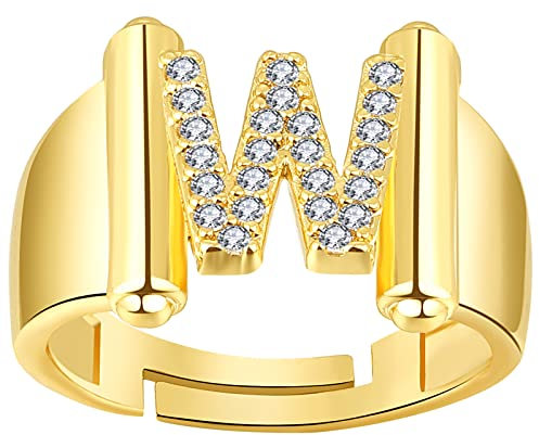 JewelryWe Schmuck Damen-Ring Buchstabe Ring Verstellbare Initiale Alphabet W Band Ringe mit Zirkonia Gravur Geschenk für Frauen Mädchen Gold