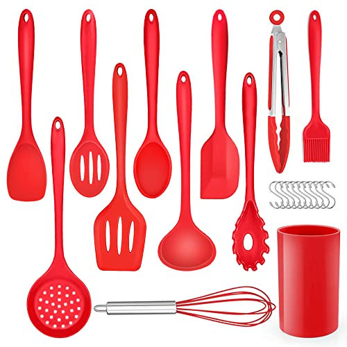 Herogo Kitchen Utensils Set, 22-Piece Silicone Cooking Utensils with Holder, Kitchen Tools Turner Spatula Spoon for Non-Stick Cookware, Heat Resistant & Non-Scratch, Dishwasher Safe (Red)