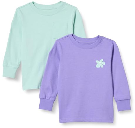 Amazon Essentials Unisex Kids' Long-Sleeve Ribbed Cuff T-Shirt, Pack of 2, Light Purple/Mint Green Flowers, 2 Years