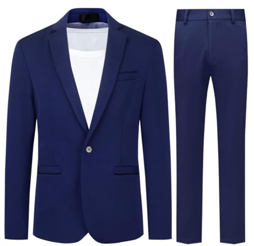 Allthemen Traje de Hombre de 2 Piezas Traje Ajustado Traje de Boda de Negocios con un botón Azul Marino XL