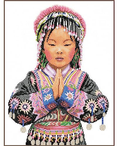 Lanarte Kreuzstich Stickpackungen Gezählter Kreuzstichbilder Set THAILÄNDISCHES STAMMESMÄDCHEN Wanddekoration Handarbeit Set für Erwachsene 29 x 39 cm Deko Bastelset Handwerker Kreative Geschenkset