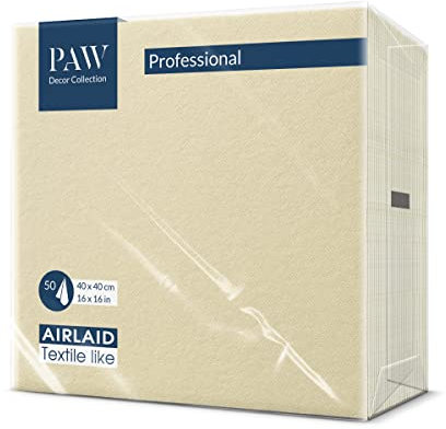 PAW - Airlaid Servietten (40 x 40 cm) I 50 Stück I Einfarbig I Stoffähnlich I Elegante Tischdekoration I HoReCa I Zu wichtigen Anlässen wie Hochzeiten, Feiern, Weihnachten I Unicolor: Cream