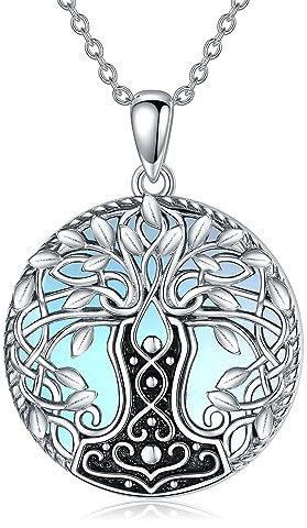 YAFEINI Lebensbaum Mondstein Halskette für Damen Thor Hammer Kette 925 Sterling Silber Nordischer Wikingerschmuck für Mädchen Herren (Mondstein Kette)