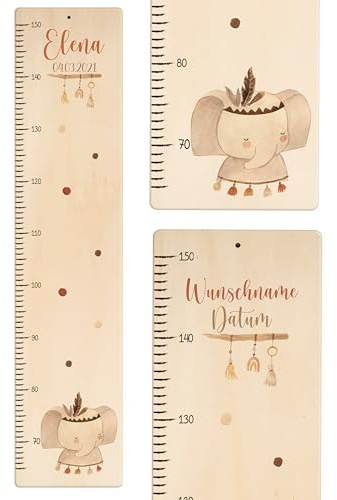 Kidsmood - Personalisierte Messlatte Kinder aus Holz – Hochwertige Messleiste & Wand-Deko für Baby- & Kinderzimmer mit abenteuerlichem Elefant – Tolles Taufgeschenk für Mädchen & Jungen (65-140cm)
