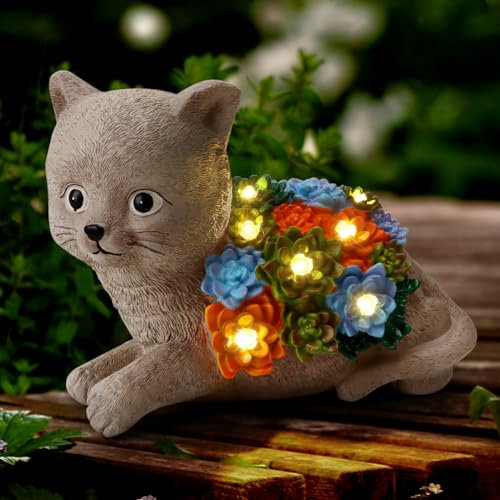 YIKEDAN Solar Gartenfiguren Katze mit Sukkulenten und 7 LED Leuchten, Gartendeko für Draußen, Harz Katzen Geschenk für Frauen