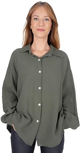 Lolus Kurze Musselinbluse Oversized Musselin Hemdbluse mit Knopfverschluss aus 100% Baumwolle (Sasha - Dark Khaki)