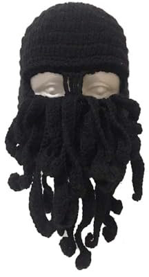 WUODHTW Octopus Bartmütze Winter Bartmütze Beanie Winter Warme Beanie Cap Herren Damen Caps Skimütze Piraten Wikingermütze, Schwarz, Groß, Schwarz, L