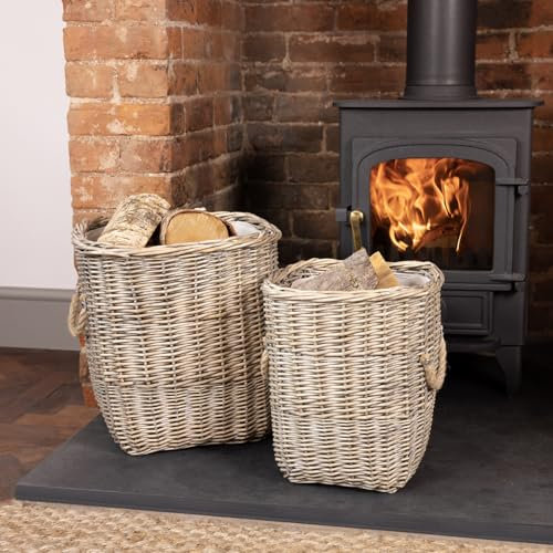 CHARLES BENTLEY Log Baskets, Snug, Set Of Two, Fabric Lined, Wicker Log Baskets, Storage, Handmade, Nesting Rope Handles, Stackable, Practical, Square Shape, Willow Wicker, Polyester, Cotton (40x40cm)