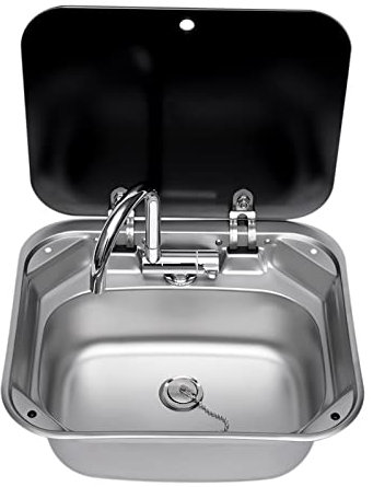 RV - Kit d'évier de camping - Lavabo avec robinet - Lavabo - Pour camping-car, caravane, camping-car - En acier inoxydable - Avec tampon silencieux - Noir, argenté