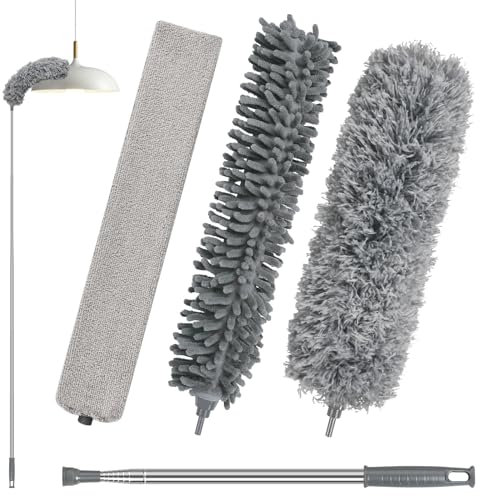 Feather Duster, 4Pcs Extendable Microfiber Duster with 250cm Telescopic Pole, Reusable Bendable Cobweb Dusters Washable Crevice Brush for Cleaning High Ceiling Fans Lights Blinds Furniture Gap