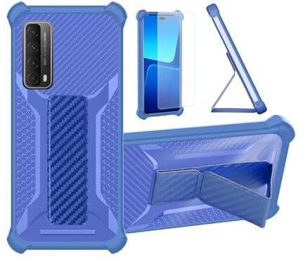 Custodia per Huawei P Smart PSMART 2021 Cover Custodia Case Ibrida [Con protezione dello schermo in vetro temperato] [supporto magnetico pieghevole] [resistente alle impronte digitali smerigliato] Blu