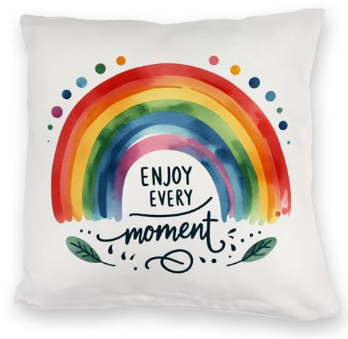 Regenbogen Kuschelkissen mit Spruch Enjoy Every Moment MotivationsKuschelkissen in Regenbogenfarben buntes Design in rot orange gelb und grün für Positive Energie