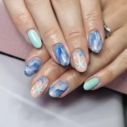 24pcs Short Oval False Nails: Blue Ocean Press-On Nails with Starfish Design - Removable, Glue-On Acrylic Nail Tips for Women's Nail Art Accessories