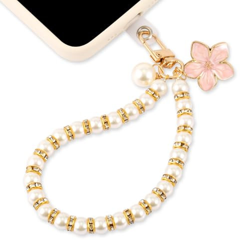 Bracelet de Charme de Téléphone en Perles, Breloque de Téléphone Lanière de Téléphone en Perles Bracelet de Téléphone en Perles avec Patch Téléphone pour Cadeau (Style Fleur Rose)