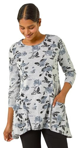 Roman Originals Swing Top with Pockets for Women UK Ladies Hanky Hem Asymmetric Tunic Blouse Longline Long Stretch Jersey Casual Round NeckTee Shirt T-Shirt - Monochrome - Size 10