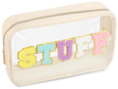 JJUNW Letter Kosmetiktasche, Kulturbeutel Transparent Make up Tasche mit Reißverschluss, Transparent Reise Kosmetiktasche für Damen Mädchen Wasserdichte Kulturbeutel für Urlaub Reisen Badezimmer(Weiß)