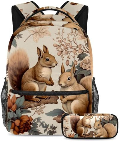 Lustiger Eichhörnchen-Rucksack mit Federmäppchen, 2-teiliges Schultaschen-Set für Jungen, Mädchen, Teenager, Reisetasche, Büchertasche für Studenten, Lustiges Eichhörnchen, Größe L