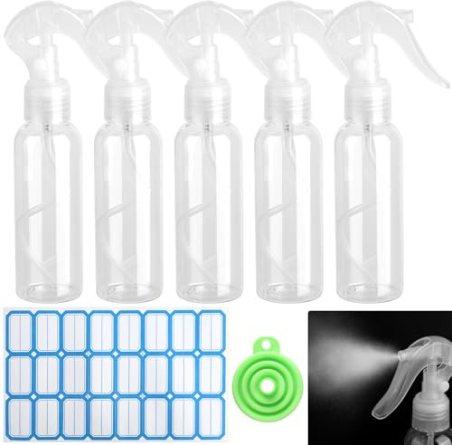 Kayqbonke 5 Stück Sprühflasche, 100ml Transparent Zerstäuber Sprühflasche mit Etikett und Trichter, Spray Bottle für Flüssigkeit Kosmetik Reinigung Körperpflege