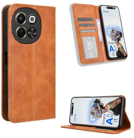 BellaCase Tecno Spark 30 5G Coque [Étui Portefeuille] [Fonction Support] [Slots pour Cartes] [Couverture à Rabat Magnétique] Compatible avec Le Smartphone Tecno Spark 30 5G(Marron)