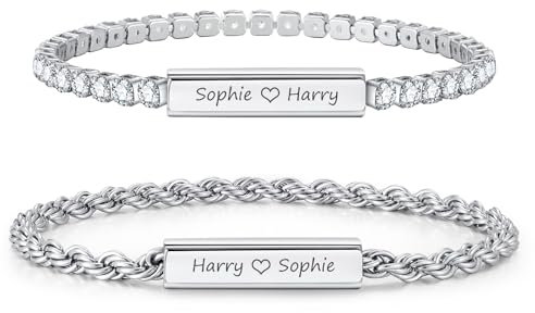 Partnerarmbänder mit Gravur Pärchen Armband Personalisiert - Paar Armbänder mit Gravur Namen, Edelstahl Partnerarmband Silber, Partner Armband für Paare Geschenke Valentinstag Jahrestag Geburtstag