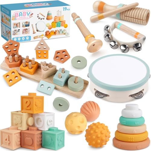 Rmischolar Montessori-Spielzeug für Babys, Musikspielzeug aus Holz, Sensorisches Beißspielzeug für Kleinkinder, Stapelbausteine und Formsortierer, Spielzeug in neutralen Farben, Geschenk für Kinder