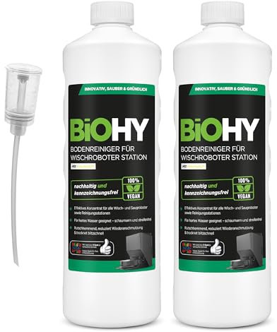 BiOHY Floor Cleaner for Mop Robot Station with Fresh Fragrance (2 x 1 Litre) + Doser, Concentrate Cleaning Agent for All Mop and Robot Vacuum Cleaner with Wet Function, Low Foam and Streak-Free