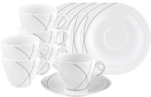 Seltmann Weiden Trio Highline Kaffeetassen mit Untertassen 6er Set, 230 ml, Tassen mit passenden Untertellern für 6 Personen, Feine schwarz-graue Linien, Spülmaschinenfest, Porzellan, Weiß
